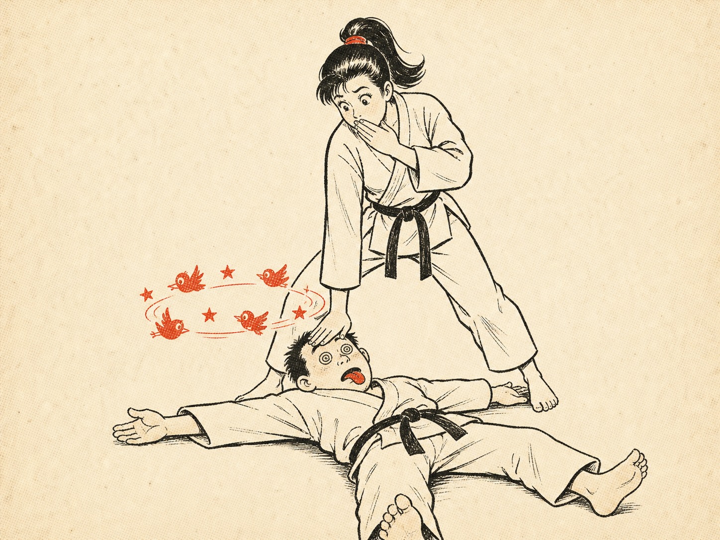 Uke connecting with a shomenuchi, nage flat with birds circling