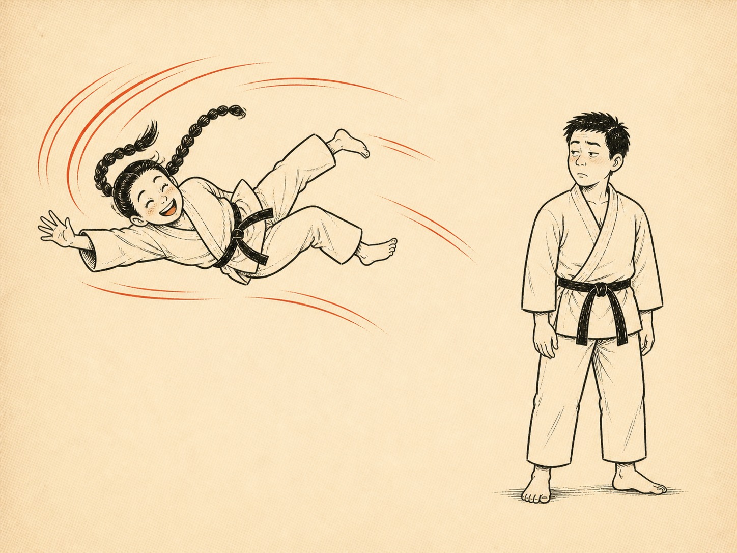 Uke already mid-breakfall while nage stands still