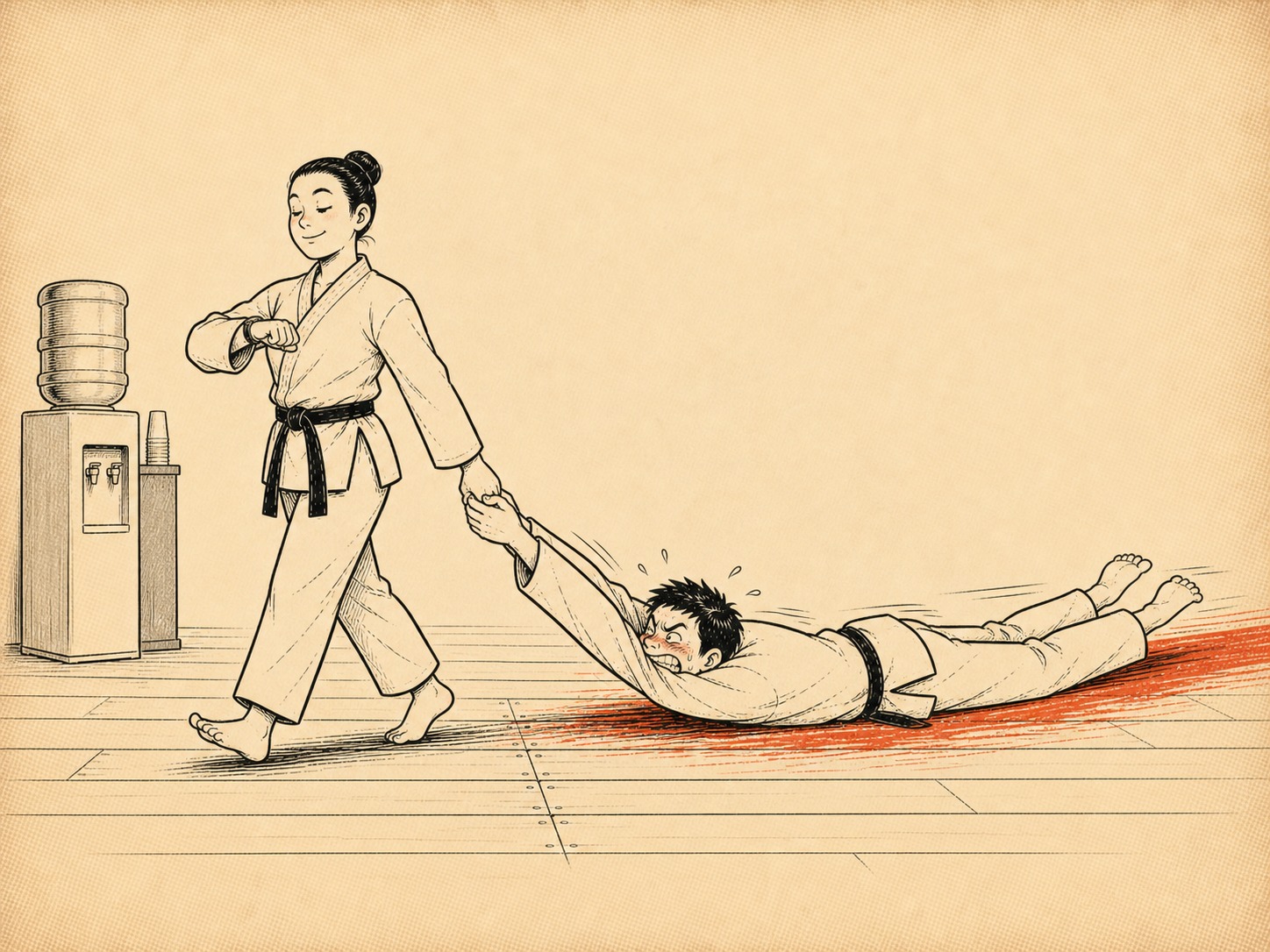 Uke still gripping nage's wrist while being dragged away