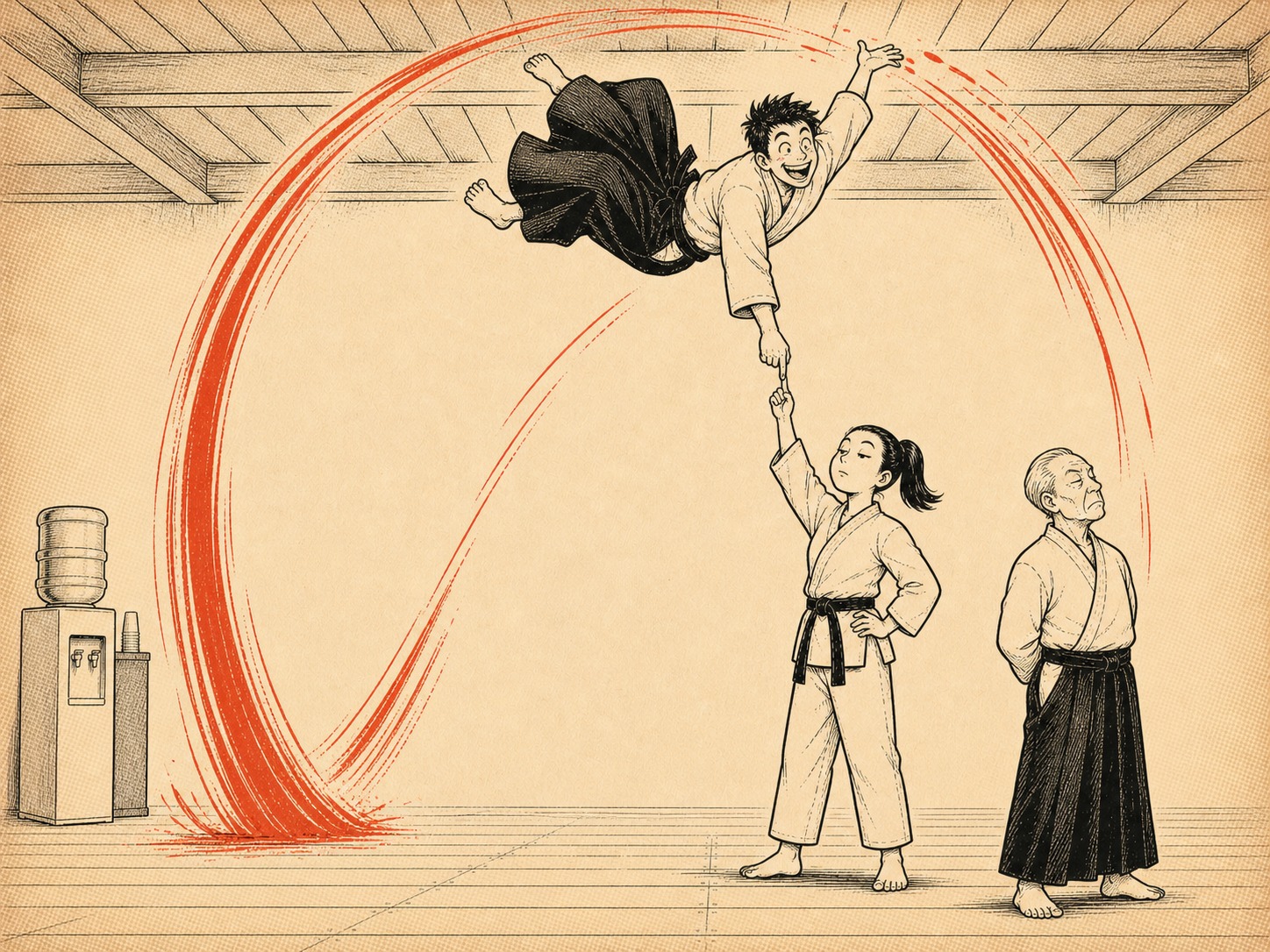 Uke doing an enormous aerial breakfall from a light touch