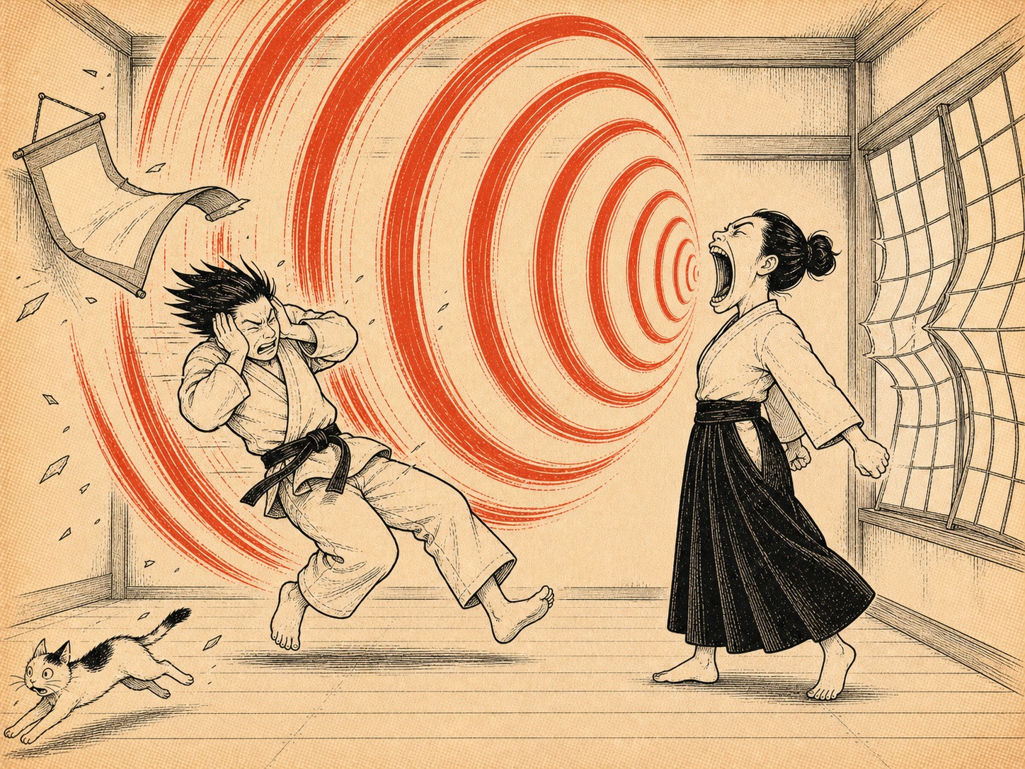Uke unleashing an enormous kiai, scroll falling off the wall